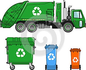 Garbage truck and different types of dumpsters on a white background in a flat style