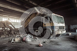Garbage truck dumping indoor. Generate Ai
