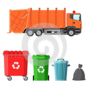Garbage truck and four variants of dumpsters