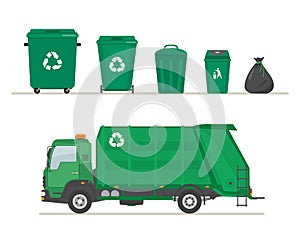 Garbage truck and garbage cans isolated on white background. Ecology and recycle concept.