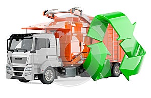 Garbage truck with green recycle symbol, 3D rendering