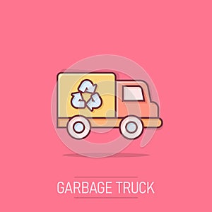 Garbage truck icon in comic style. Recycle cartoon vector illustration on isolated background. Trash car splash effect sign