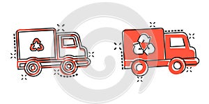 Garbage truck icon in comic style. Recycle cartoon vector illustration on white isolated background. Trash car splash effect sign