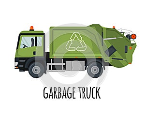 Garbage truck icon in flat style isolated on white background