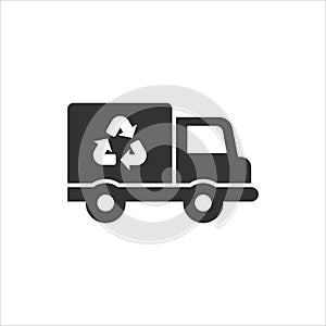 Garbage truck icon in flat style. Recycle vector illustration on white isolated background. Trash car sign business concept