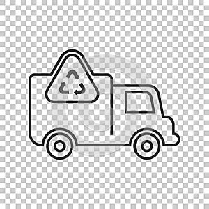 Garbage truck icon in flat style. Recycle vector illustration on white isolated background. Trash car sign business concept