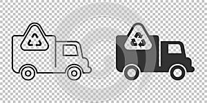 Garbage truck icon in flat style. Recycle vector illustration on white isolated background. Trash car sign business concept