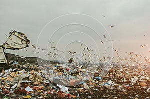 Garbage truck on a landfill