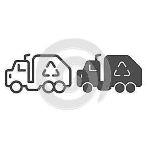 Garbage truck line and glyph icon. Trash car prohibited vector illustration isolated on white. Vehicle outline style