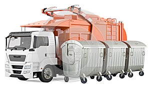 Garbage Truck with outdoor large garbage trash containers. 3D rendering