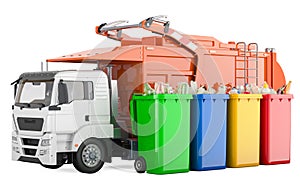 Garbage Truck with plastic garbage trash containers full of rubbish. 3D rendering