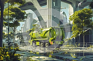 Garbage truck pollutes the environment, garbage truck in futuristic city