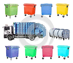 Garbage truck with recycle bin set isolated