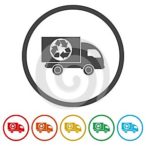 Garbage Truck with Recycle Symbol. Set icons in color circle buttons