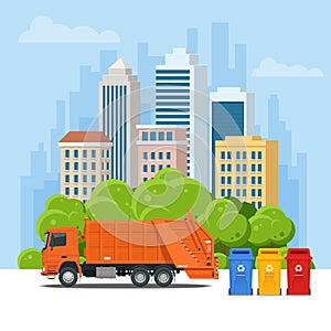 Garbage truck or Recycle truck in city. Garbage recycling and utilization equipment. City waste recycling concept with