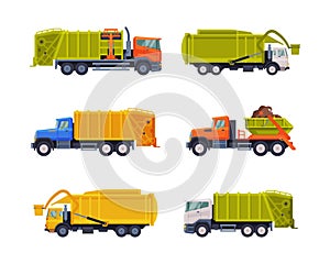 Garbage Truck for Transporting Solid Waste to Recycling Center Vector Set