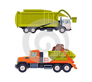 Garbage Truck for Transporting Solid Waste to Recycling Center Vector Set photo