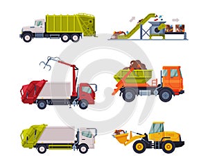 Garbage Truck for Transporting Solid Waste to Recycling Center Vector Set photo