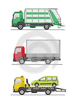 Garbage truck, truck and tow truck isolated on white background.