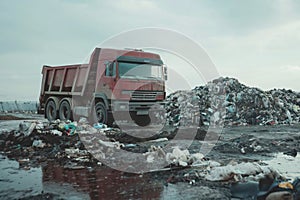 Garbage is truck unload in piled into large pile for recycling deposited