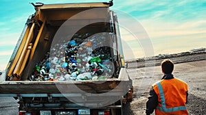 Garbage truck unloading trash at landfill site under cloudy sky