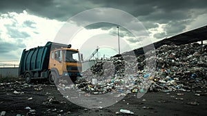 Garbage truck unloading trash at landfill site under cloudy sky