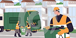 Garbage truck on urban street panoramic view. Workers collect rubbish bags from bin, container to car. Waste collector