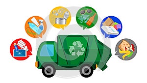 Garbage truck and waste isolated on white background, clip art of recycle waste truck for cleaner management, garbage truck icon