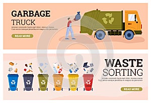 Garbage truck and waste sorting web banners set, flat vector illustration.