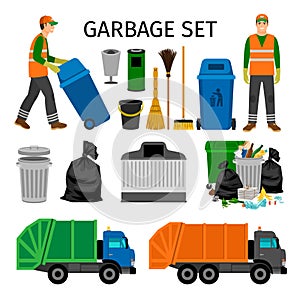 Garbage trucks, trash can and sweeper photo