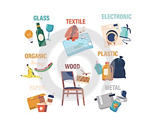 Garbage Types Glass, Textile, Electronic and Organic, Wood, Plastic or Paper and Metal Wastes. Concept of Trash Sorting