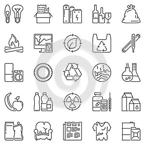 Garbage Types outline icons set - Waste Sorting vector symbols