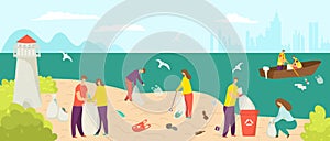 Garbage waste at beach, clean environment at shore vector illustration. Cartoon people pick up trash pollution at ocean