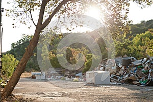 Garbage waste in middle of green forest ecology problem environment