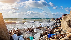 garbage on wild pebble coast.