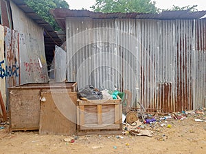 Garbages out side the factory waitng for recycle and dispose