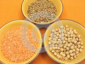 Garbanzos lentils and red lentils photo