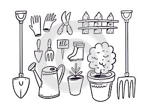 Garden and Agriculture doodle elements tool. Hand drawn black color vector illustration.