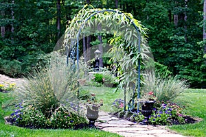 Garden arbor leading to forest path