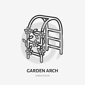 Garden arch with clambering plant flat line icon. Wedding flower decorations sign. Thin linear logo for gardening