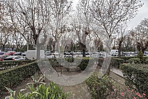 Garden areas on a street with traffic