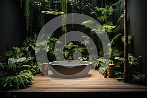 garden background with a flowerfilled bathtub and tall plant, in the style of minimalist stage designs