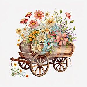 Garden Beauty: Colorful Spring Flowers in a Rustic Wooden Wagon AI Generated