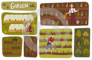 Garden Beds and Orchard with Man and Woman Farmer in Straw Hat Cultivating Soil and Pulling Weeds Vector Illustration