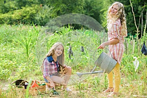 Garden and beds. Rustic children working in garden. Planting and watering. Girls planting plants. Agriculture concept