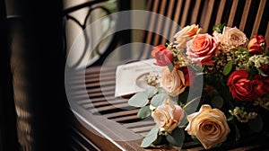 A garden bench adorned with a bouquet of roses and a 'Happy Mother's Day' cushion, suggesting a peaceful