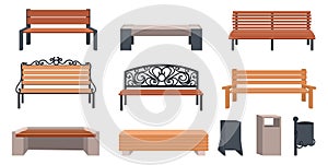 Garden bench. Cartoon wooden and wicker furniture for streets and parks. Outdoor municipal chairs set. Urban metal