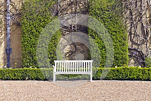 Garden bench by a house wall, trimmed green hedge