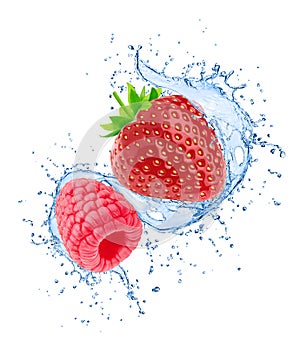 Garden berries: strawberry and raspberry in water splashes isolated on white background.