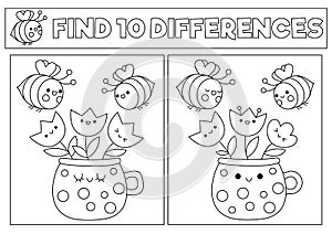 Garden black and white kawaii find differences game. Coloring page with cute bees and flowers in pot. Spring holiday puzzle or